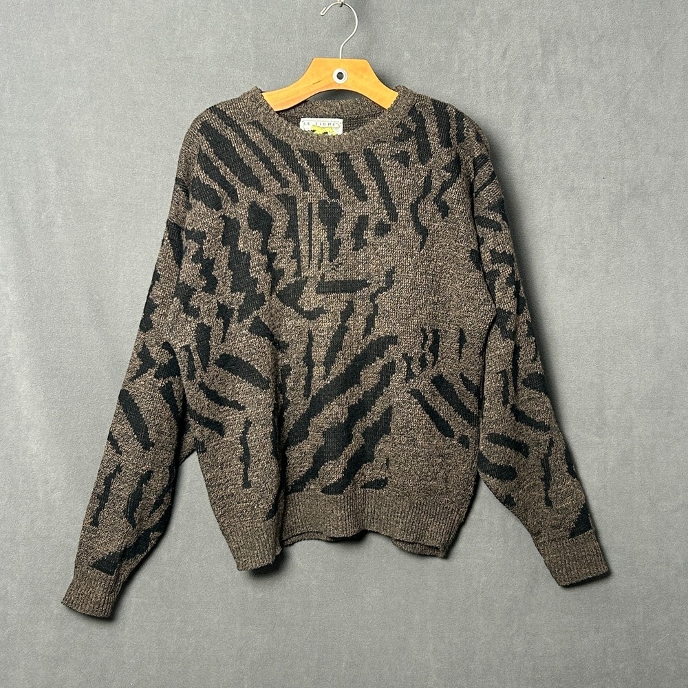 Vtg 80s Le Tigre Textured Knit Sweater Mens XL Brown Black Abstract Animal USA